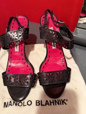 Manolo Blahnik Black Sandal Heels with Pink Insole